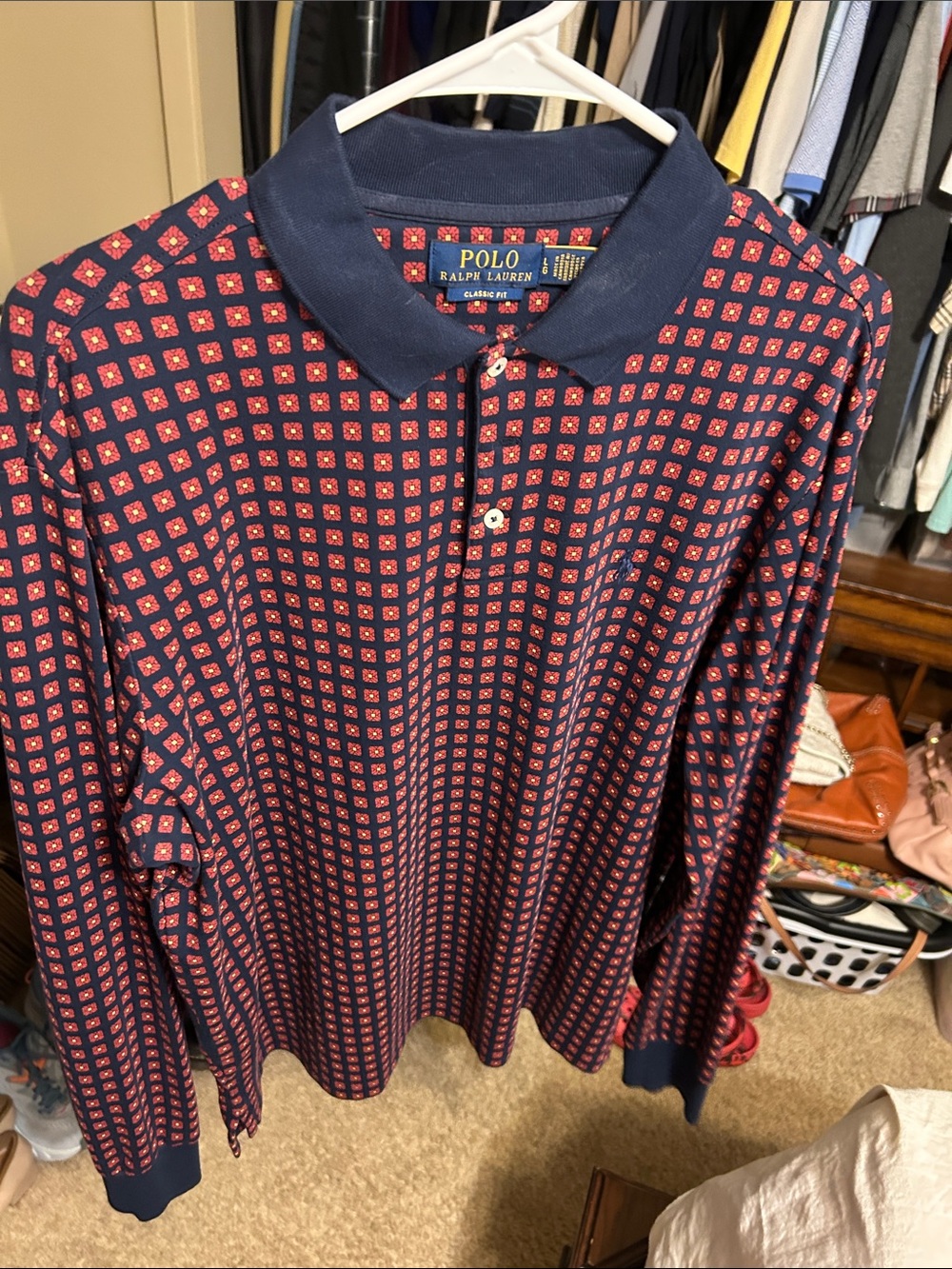 Polo by Ralph Lauren Navy Long Sleeve Polo with Red Geometric Print